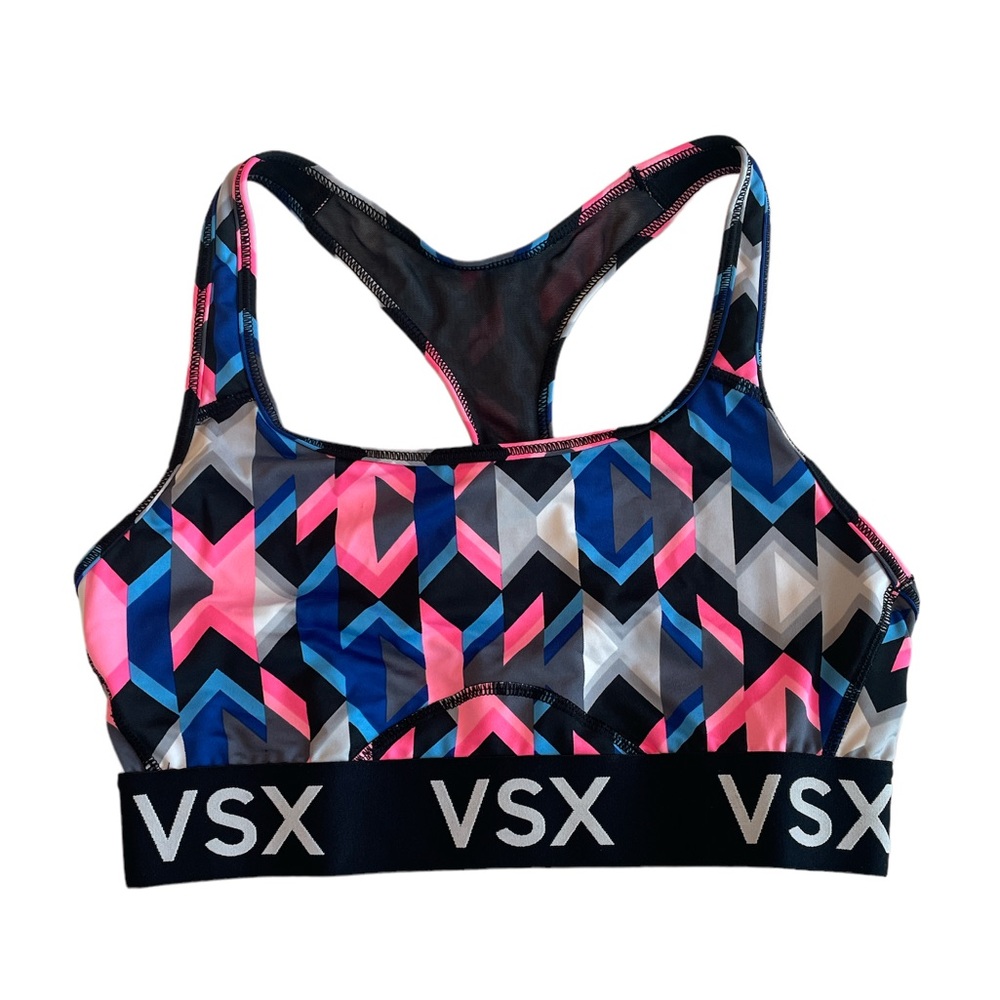 Victoria’s Secret VSX Pink Black and Blue Geometric Sports Bra Size Medium
